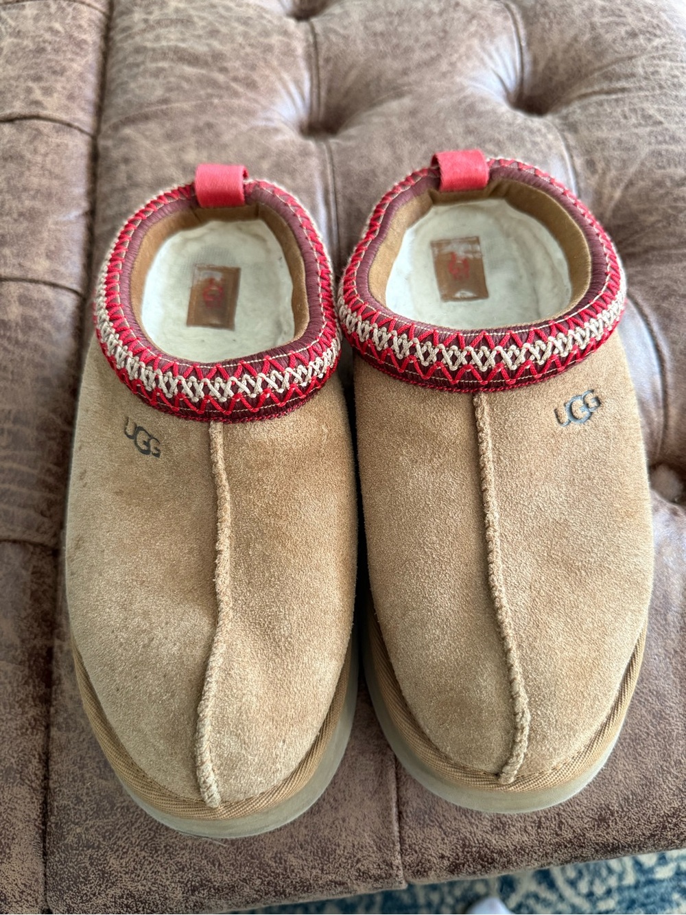 UGG Tan Suede Slip-On Slippers with Red Trim